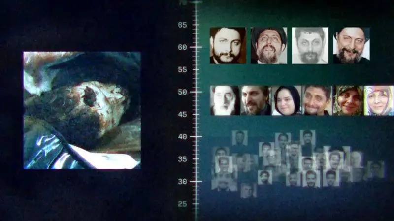 صورة الجثة في المشرحة خلال مقارنتها بصور عائلة الصدر، وصور أخرى لرجال عشوائيين لا علاقة لهم بالصدر (بي بي سي).